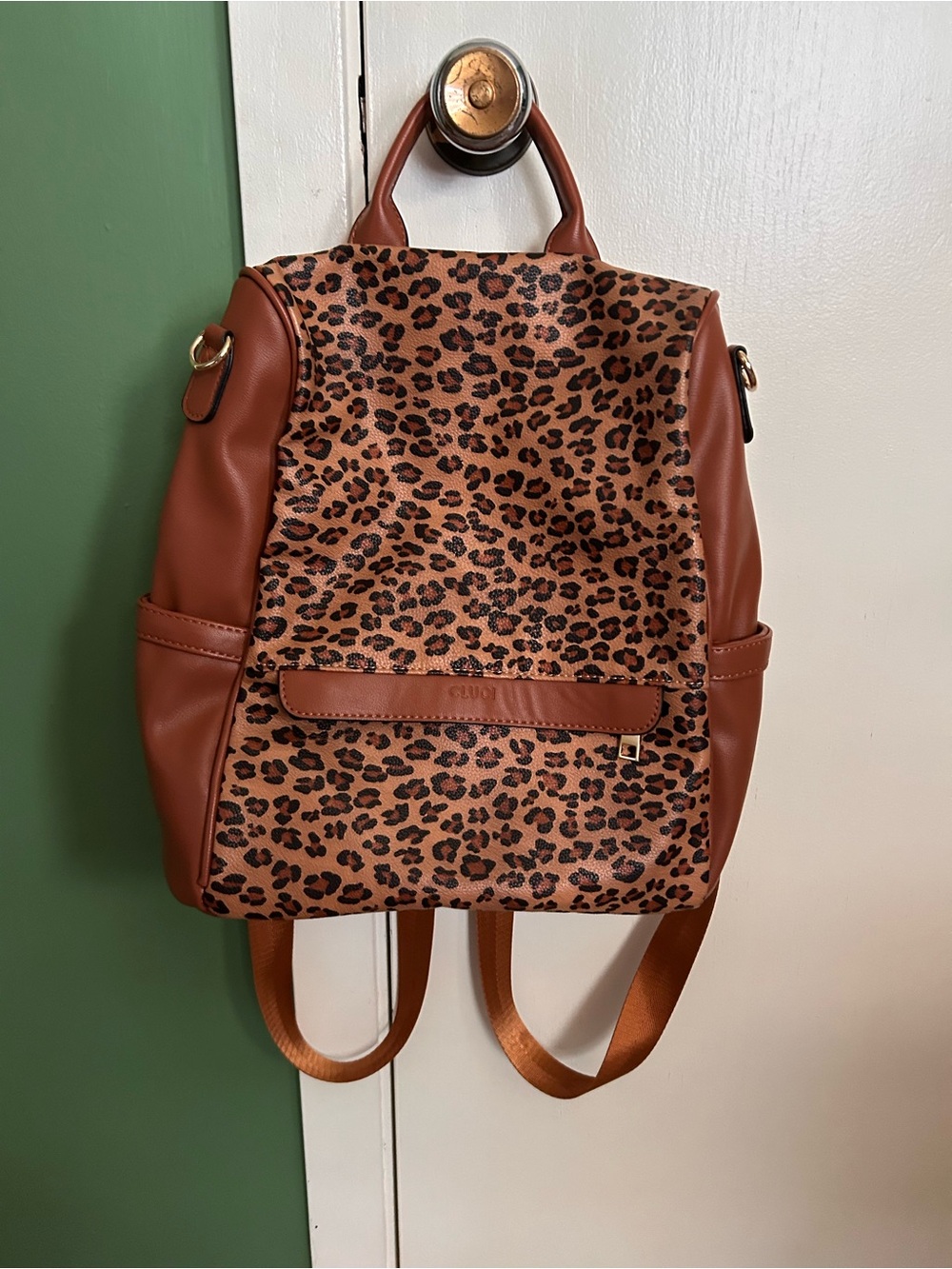 Leopard Print Faux Leather Backpack with Brown Trim